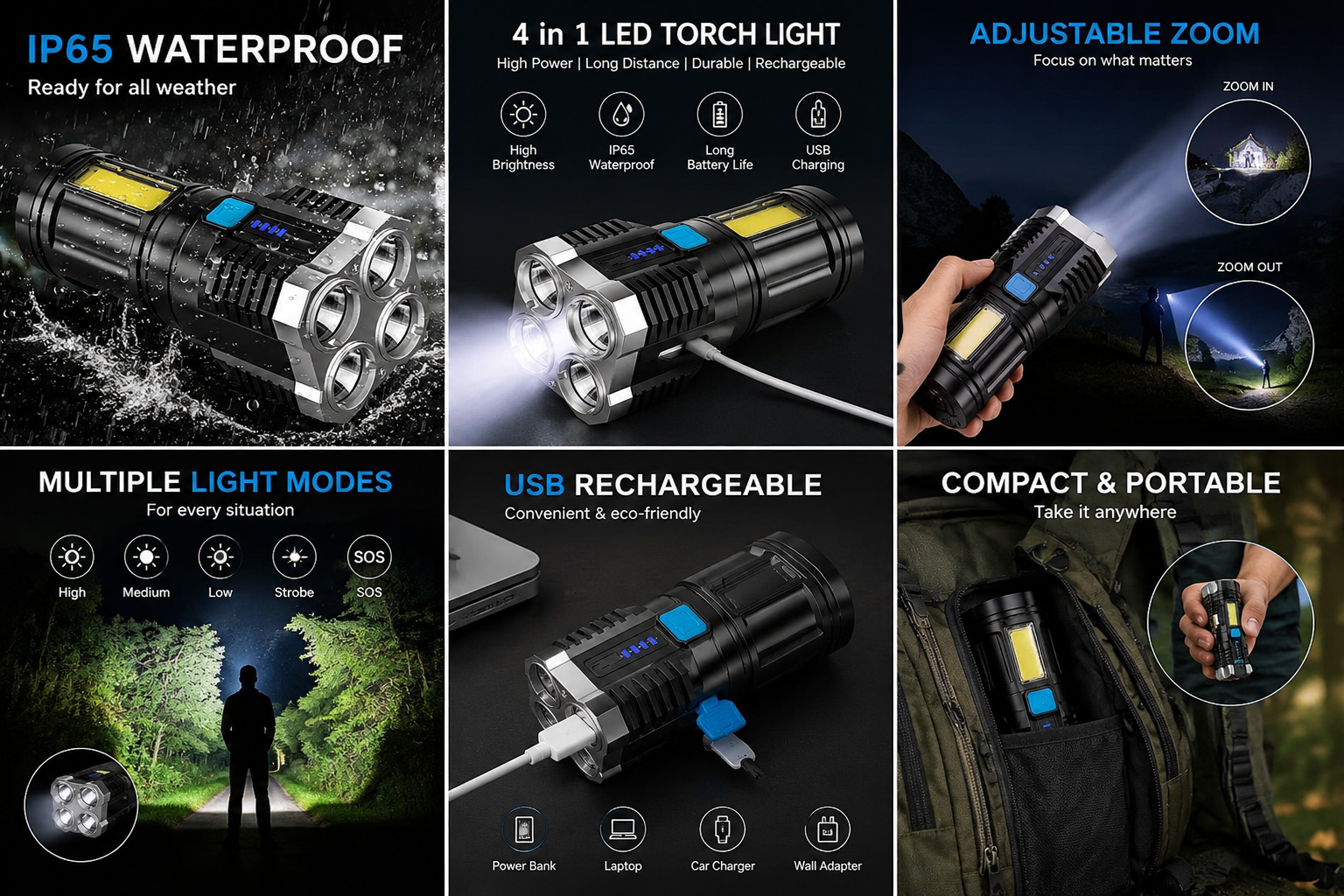 4-in-1 Rechargeable LED Torch Light + USB Charging & Waterproof