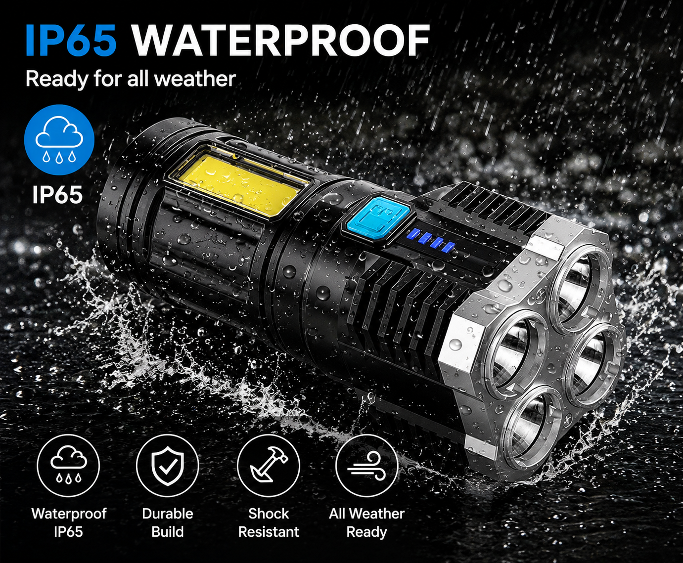 4-in-1 Rechargeable LED Torch Light + USB Charging & Waterproof