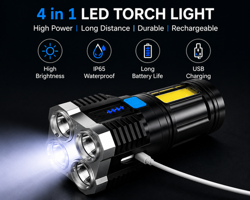 4-in-1 Rechargeable LED Torch Light + USB Charging & Waterproof