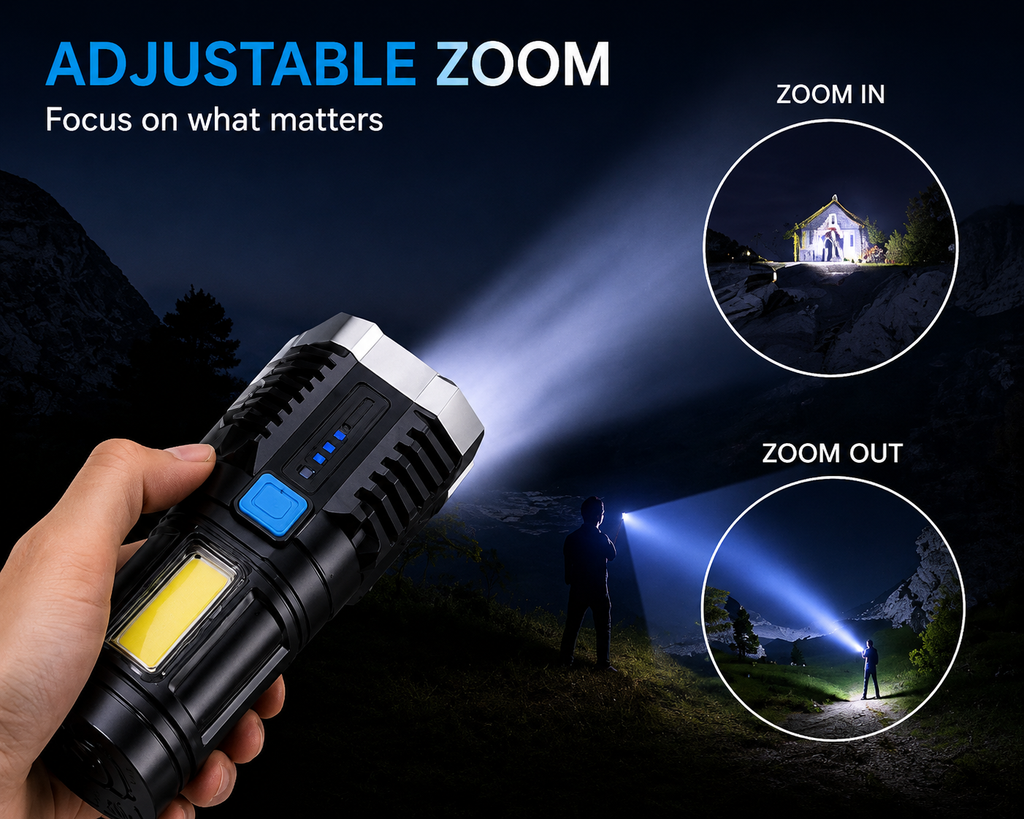 4-in-1 Rechargeable LED Torch Light + USB Charging & Waterproof