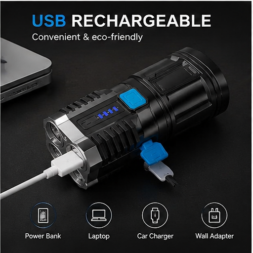 4-in-1 Rechargeable LED Torch Light + USB Charging & Waterproof